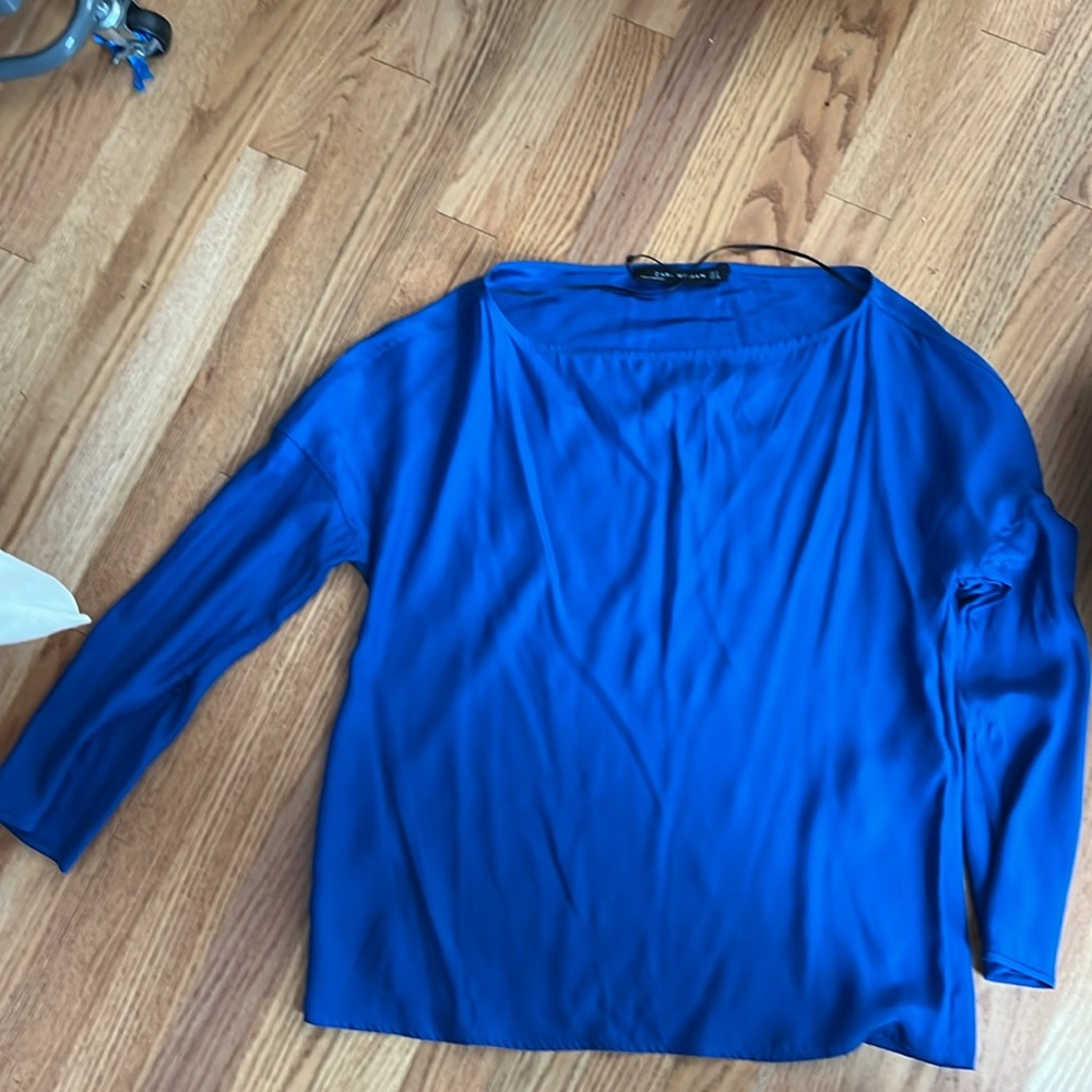 Beautiful Zara blue silk shirt with zip arms